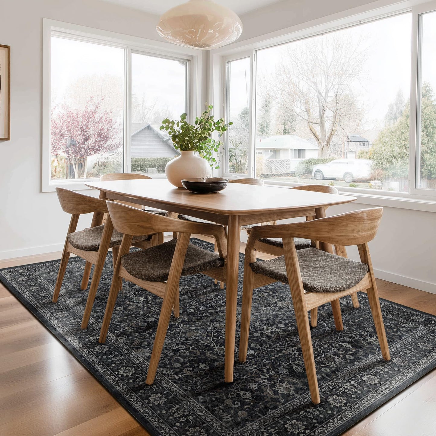 Jainmy Dark 5x7 Area Rugs for Living Room Bedroom, Washable Non Slip Low Pile Thin Soft Carpet Rugs for Dining Room/Kitchen/Home Office/Nursery, Vintage Farmhouse Earth Tone Midnight with Gray Accents