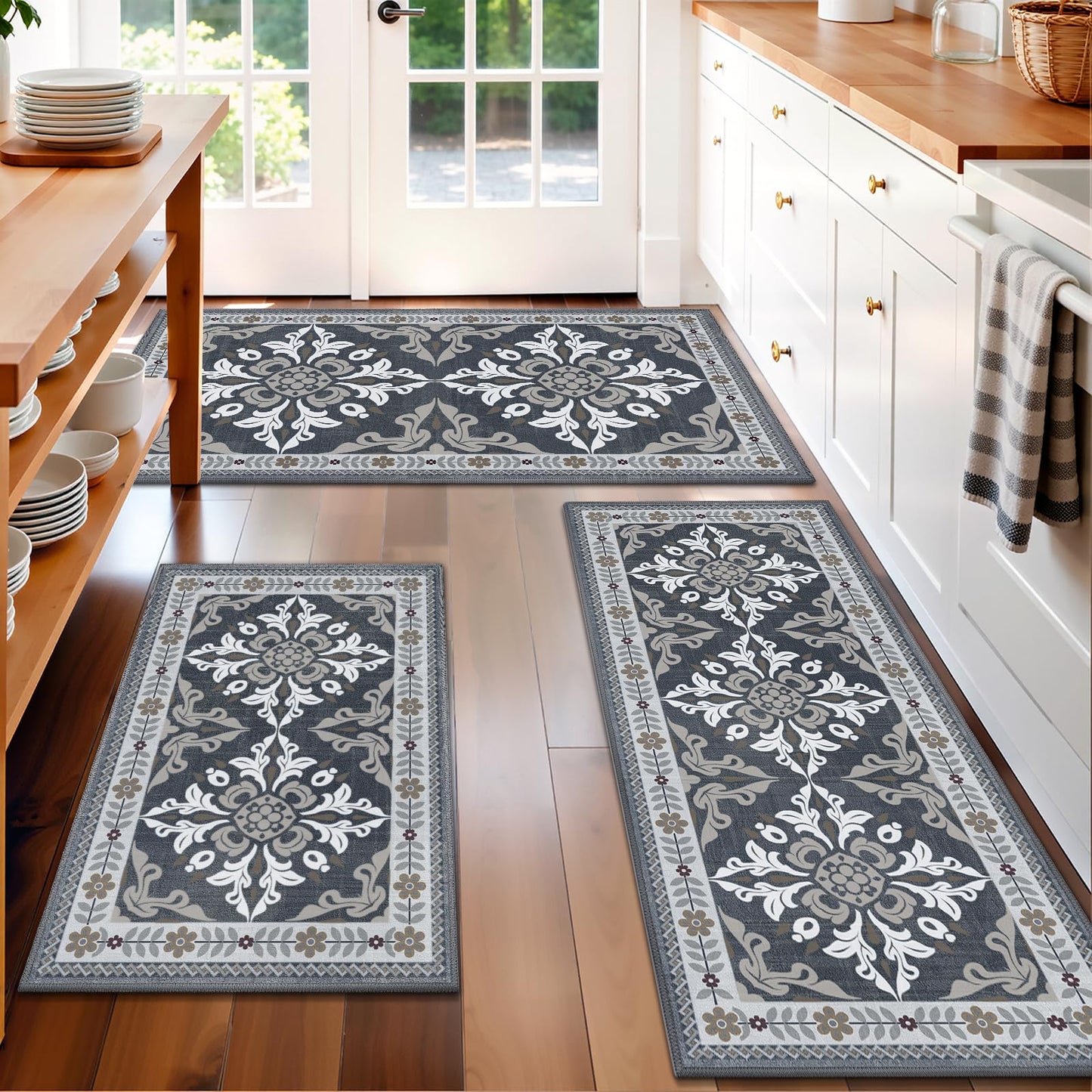 DailyCuddles Kitchen Rugs Set of 3, Non-Slip & Washable Floor Mats, Water-Absorbent Area Pad, Standing Desk Mat for Office, Home, Doorway, Laundry, Kitchen Accessories (Grey)