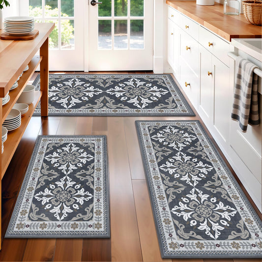 DailyCuddles Kitchen Rugs Set of 3, Non-Slip & Washable Floor Mats, Water-Absorbent Area Pad, Standing Desk Mat for Office, Home, Doorway, Laundry, Kitchen Accessories (Grey)