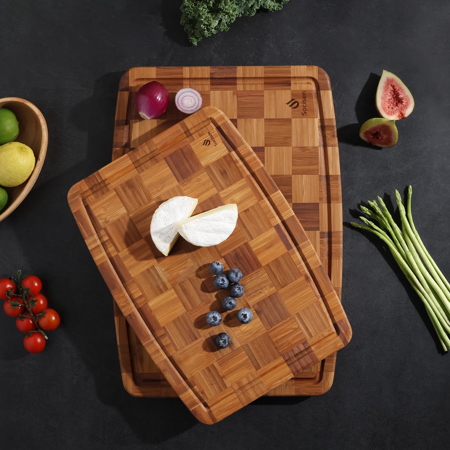 2 Pack Heavy Duty Bamboo Cutting Board Set Non Slip Over Sink Solid Thick Wood Chopping Board End Grain Extra Large Big Small Best Organic Hardwood Wooden Kitchen Essential New Home Housewarming Gift