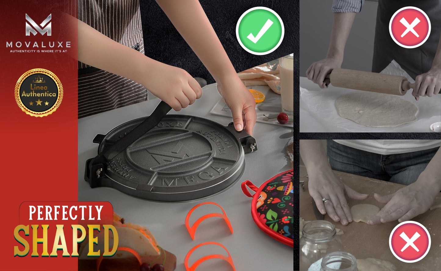 Movaluxe® Linea Authentica 12-Inch Heavy Duty Cast Iron Tortilla Press – Large Burrito & Flour Corn Tortilla Maker System with Warmer Pouch, Taco Holders & Essentials