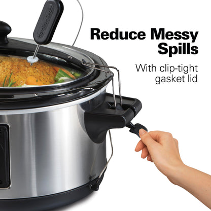 Hamilton Beach Portable 6 Quart Set & Forget Digital Programmable Slow Cooker with Lid Lock, Temperature Probe, Dishwasher Safe Crock & Lid, Stainless Steel (33969A)