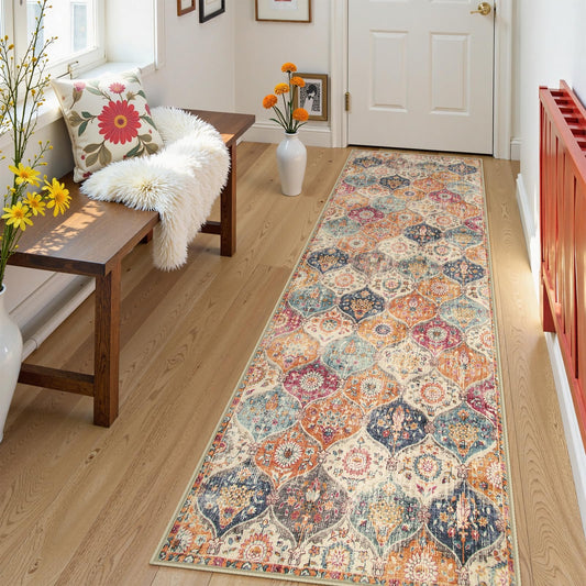 Lahome Moroccan Hallway Runner Rug, 2'5''x8' Ultra-Thin Washable Runners for Hallways Kitchen, Oriental Laundry Room Rug Non-Slip Carpet for Entryway Bedroom Bathroom Elise, Cream/Multi