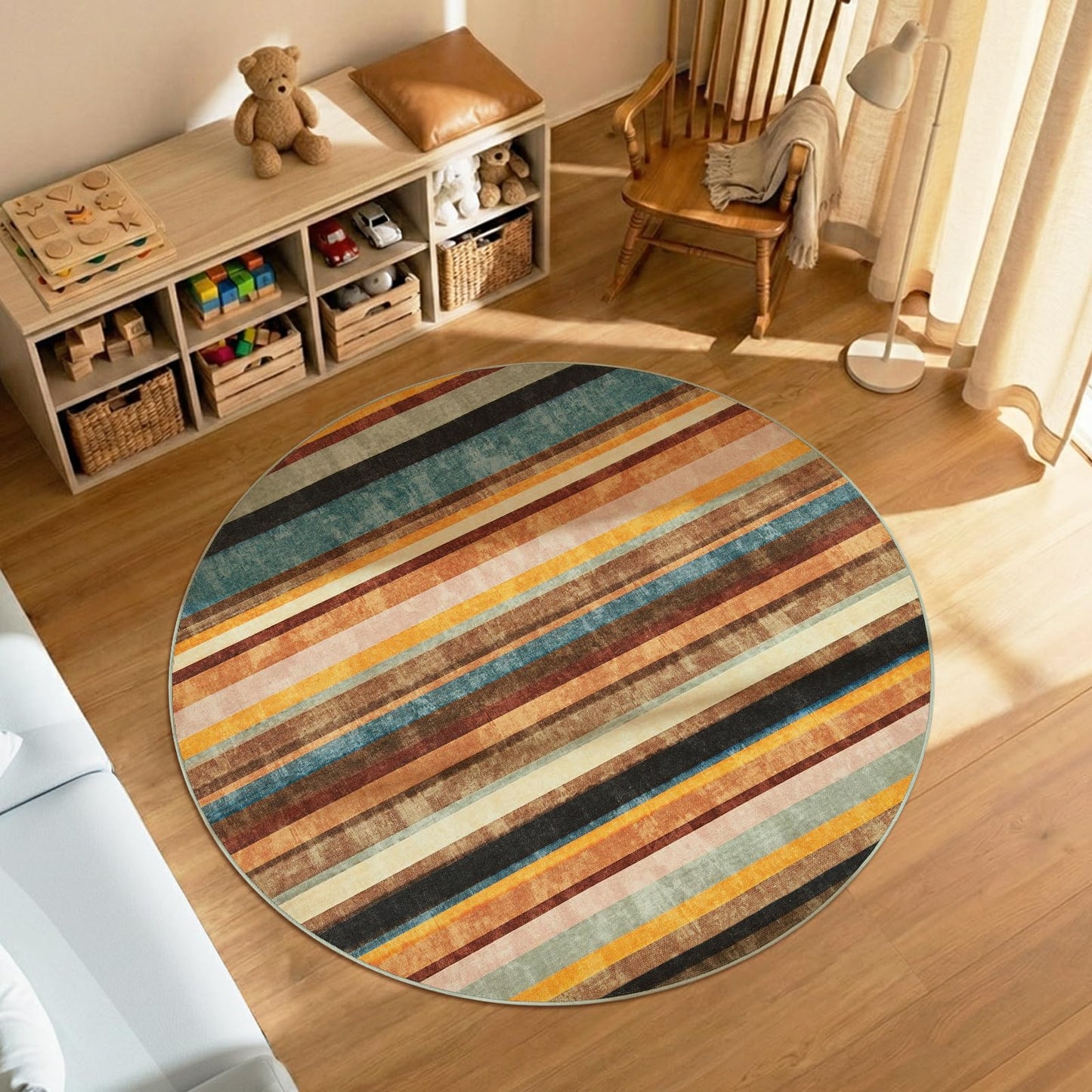 jinchan Round Rug 5ft Area Rug Modern Striped Rug Washable Rug Soft Large Indoor Floor Cover Non Slip Colorful Carpet for Bedroom Kitchen Dining Room Home Office, Pine Dawn