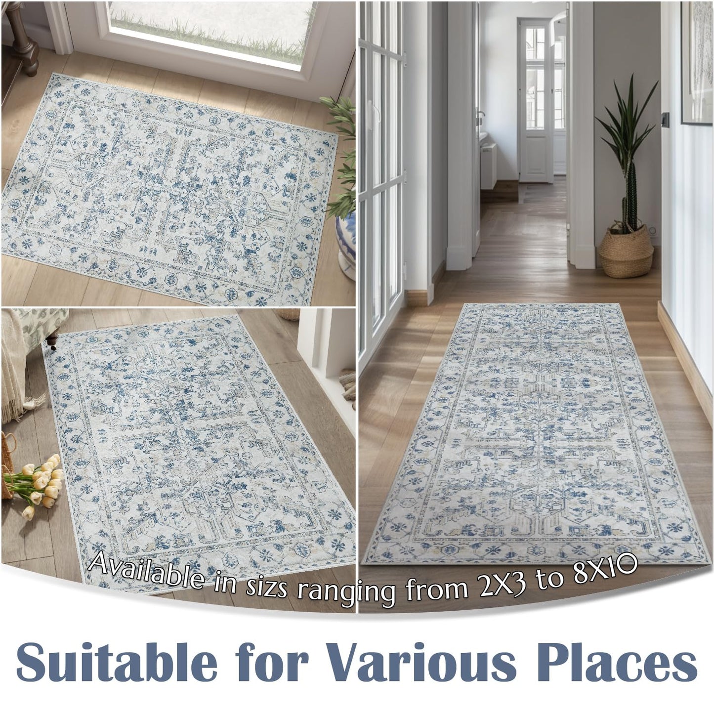 jinchan Lima Hallway Runner Rug 2x10 Washable - Vintage Floral Non Slip Low-Pile Soft Ultra-Thin Faux Wool Kitchen Rug Distressed Carpet Runner for Farmhouse Bedroom Laundry (2x10ft, Blue)