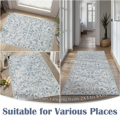 jinchan Lima Hallway Runner Rug 2x10 Washable - Vintage Floral Non Slip Low-Pile Soft Ultra-Thin Faux Wool Kitchen Rug Distressed Carpet Runner for Farmhouse Bedroom Laundry (2x10ft, Blue)