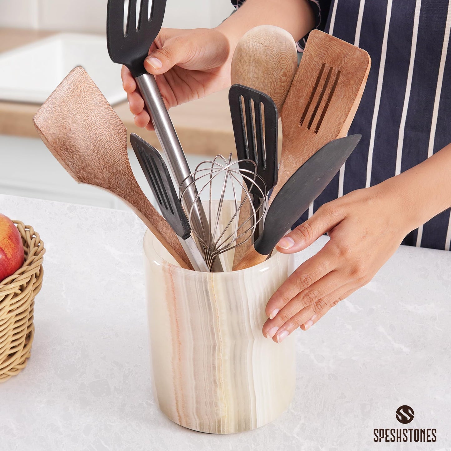 SPESHSTONES Marble Utensil Holder 6.5 Inch Cream Onyx Wooden Cooking Utensils Set & Spatula Organizer for Kitchen Counter, Stone Utensil Crock & Caddy for Spoon Holder & Farmhouse Decor