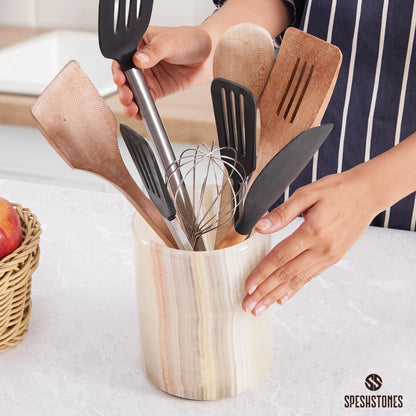 SPESHSTONES Marble Utensil Holder 6.5 Inch Cream Onyx Wooden Cooking Utensils Set & Spatula Organizer for Kitchen Counter, Stone Utensil Crock & Caddy for Spoon Holder & Farmhouse Decor