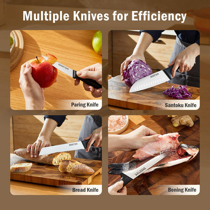 KINGSTONE 14-Piece Kitchen Knife Set with Block, High-Carbon Stainless Steel Knives Set, Ergonomic Non-Slip Handle, Professional Knife Set for Kitchen for Home Cooking & Gifting, Black