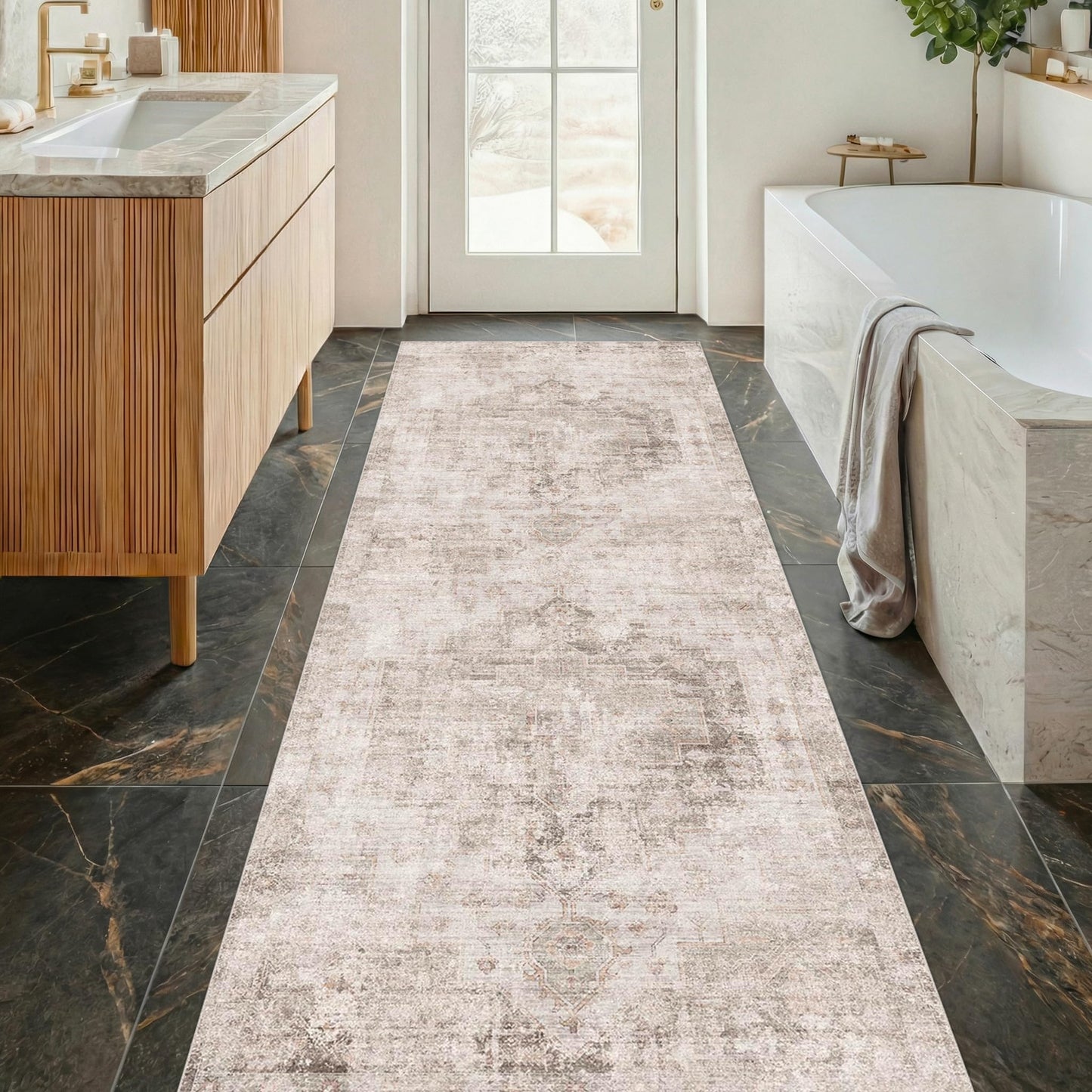 Beige Brown 2'6''x8' Bathroom Runner Rug, Washable Non-Slip 8ft Long Hallway Runner Rug for Entryway, Kitchen, Abstract Modern Home Décor