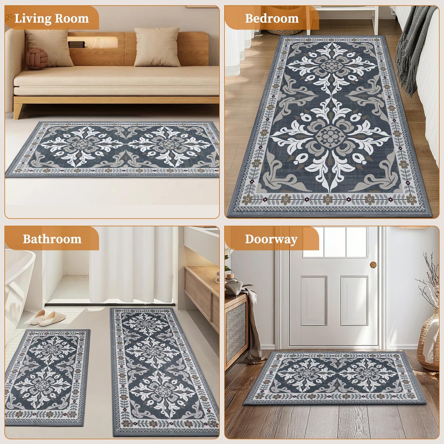 DailyCuddles Kitchen Rugs Set of 3, Non-Slip & Washable Floor Mats, Water-Absorbent Area Pad, Standing Desk Mat for Office, Home, Doorway, Laundry, Kitchen Accessories (Grey)