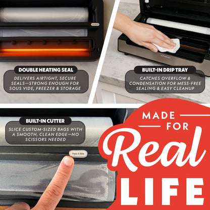 Gourmia Vacuum Sealer – Food Preservation System with Marinate Mode and Vacuum Hose, Pulse Control, LED Display, Built-In Cutter, Gentle & Normal Vacuum Options, Stainless Steel