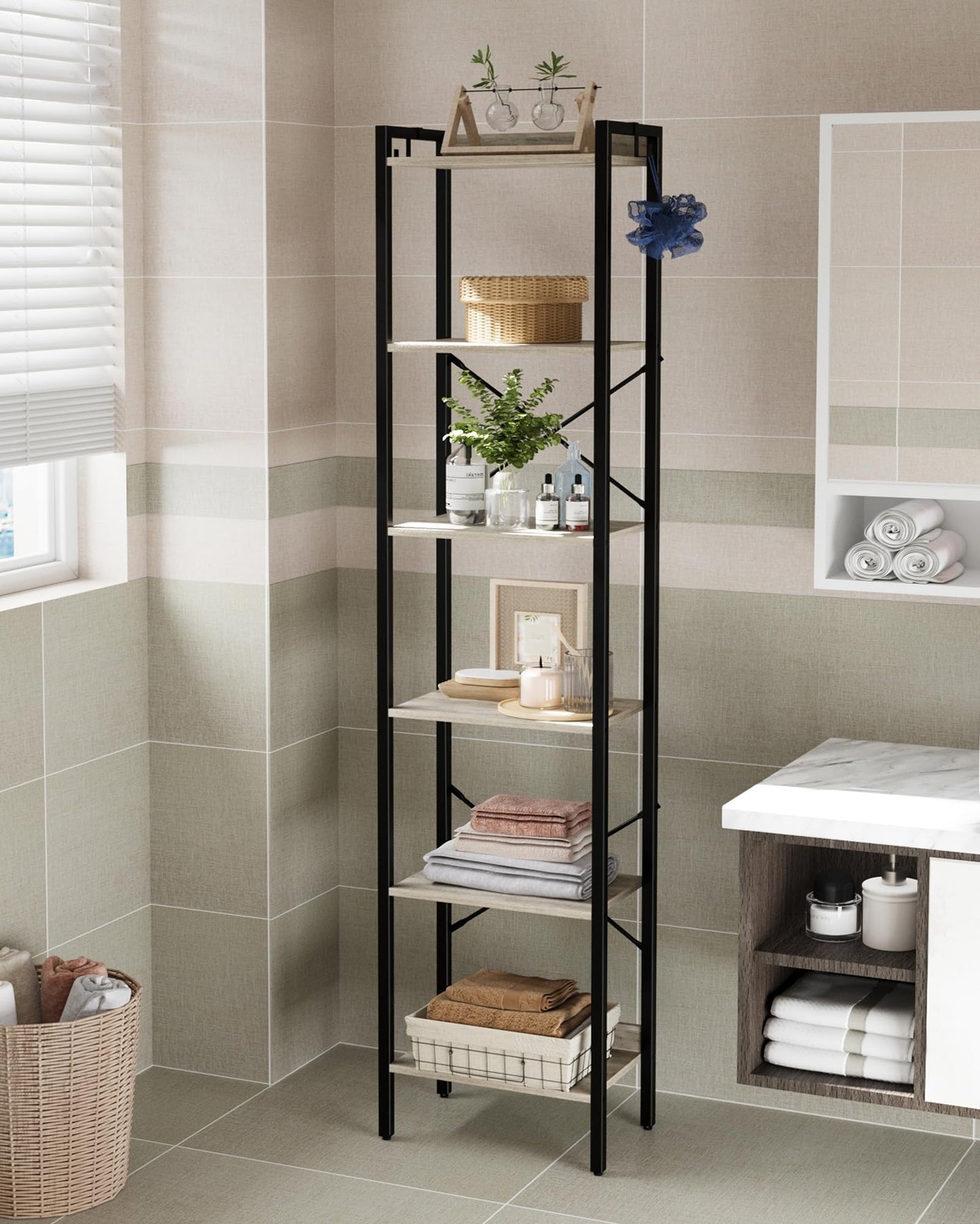 Hzuaneri Bookshelf, Book Shelf, Industrial Bookcase with 2 Hooks, Coner Shelf Storage Organizer for Home Office, Living Room, Bedroom, Kitchen, 6-Tier Greige BC10705B