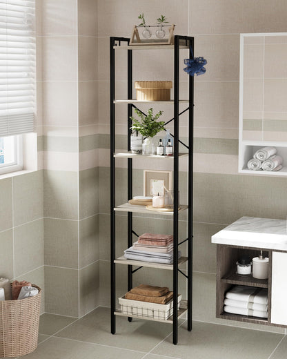 Hzuaneri Bookshelf, Book Shelf, Industrial Bookcase with 2 Hooks, Coner Shelf Storage Organizer for Home Office, Living Room, Bedroom, Kitchen, 6-Tier Greige BC10705B