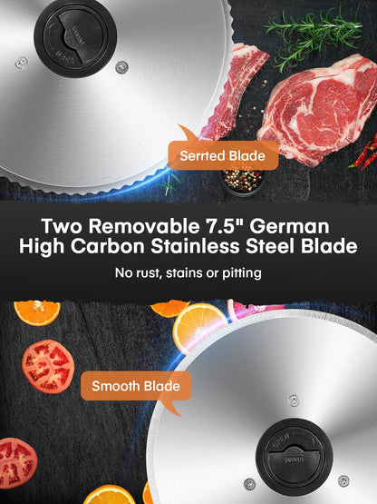 FOHERE Electric Meat Slicer 200W Deli Slicer for Home with Removable Two 7.5” Blades, 0-15mm Precision Thickness Adjustment Knob Cut Deli Food, Meat Ham Bread Fruit, Include Food Carriage, Black
