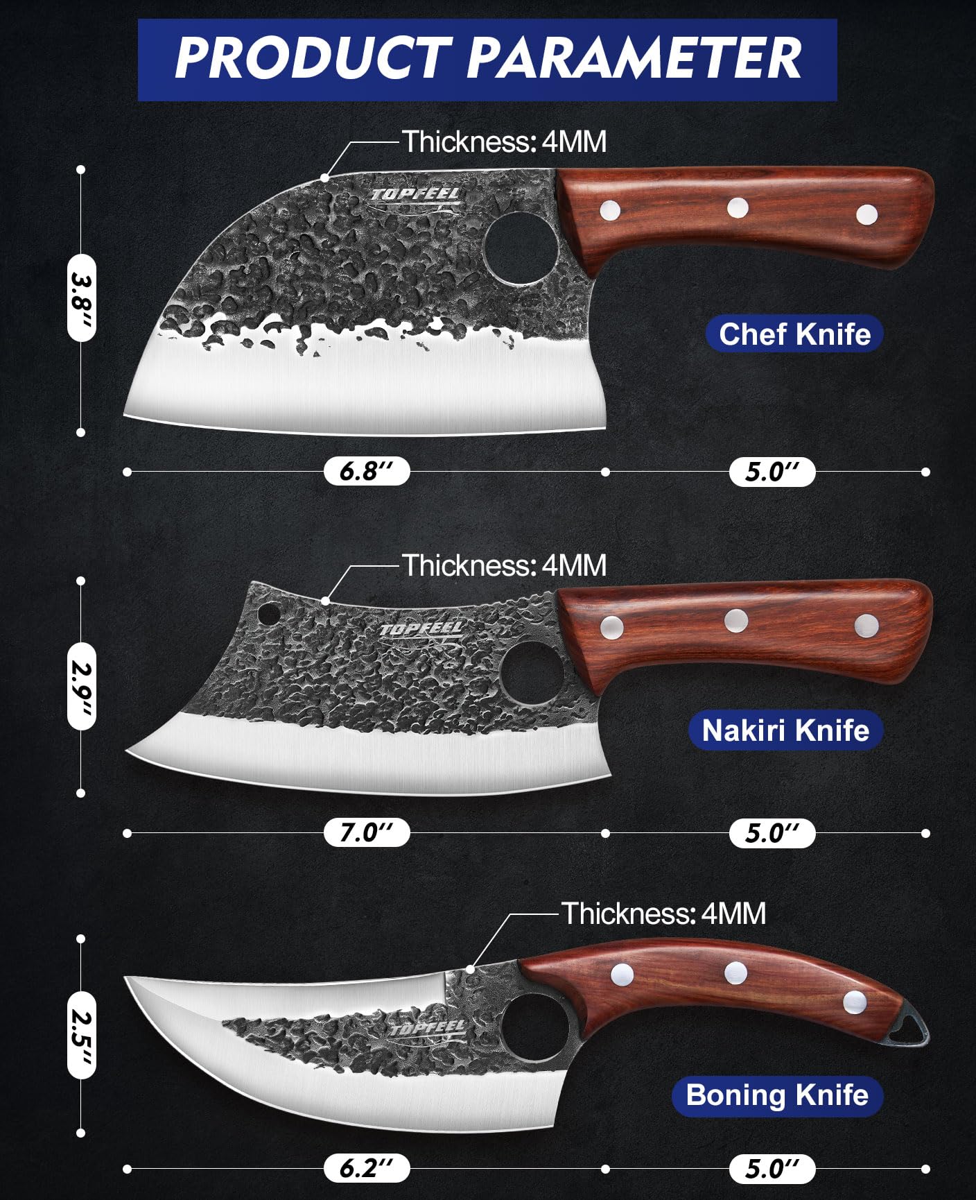 Topfeel 3PCS Butcher Knife Set, Hand Forged Serbian Chef Knives & Meat Cleaver & Viking Knives, Meat Cutting Kitchen Knife Set for Home, Outdoor Cooking, Camping BBQ Gift Idea Men