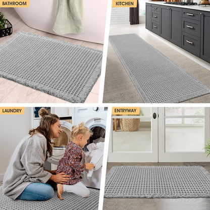 IM HOME Waffle Bath Mat Set 2 Piece Light Grey,Woven Modern Bath Rug Mats, Absorbent Non Slip Bath Floor Mat, Soft Washable Boho Bath Rugs with Tassels for Bathroom, Bedroom, Kitchen,Tub