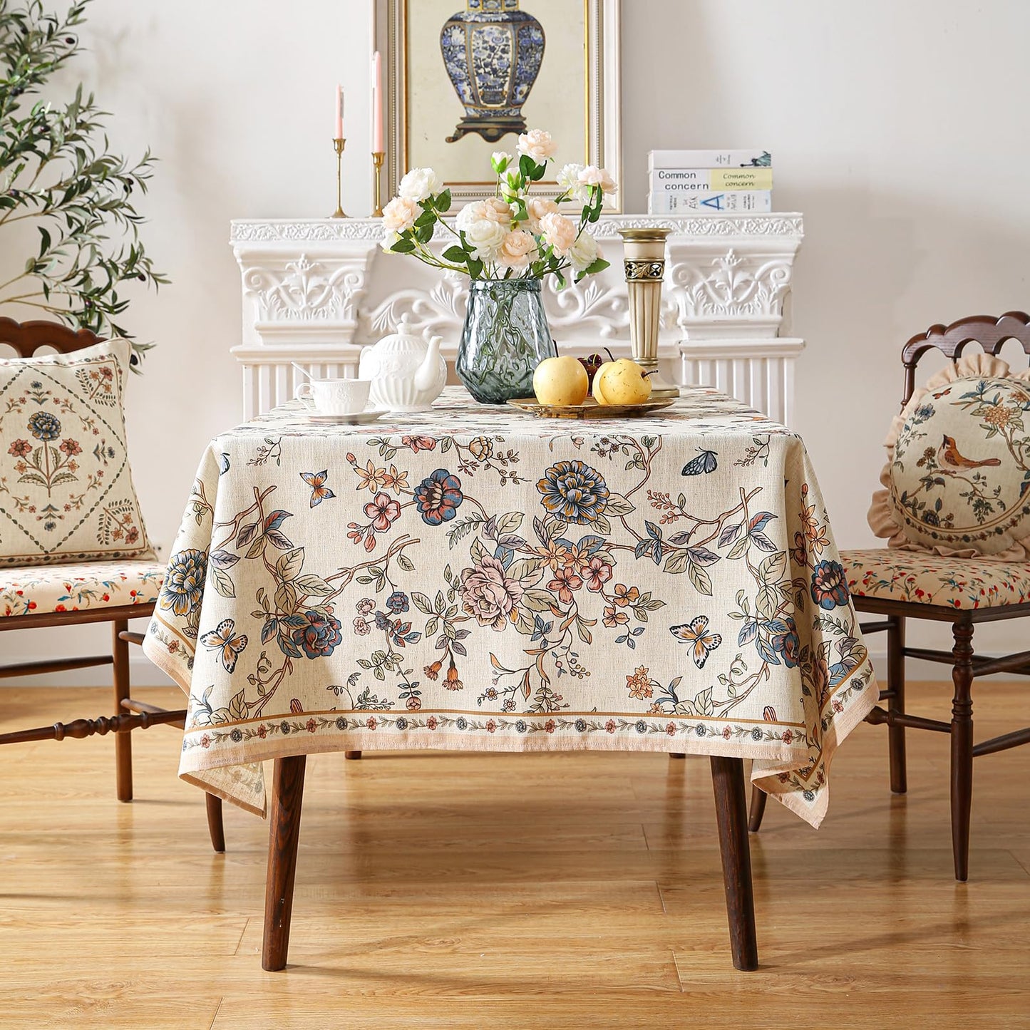 ISAENNE Designer French Light Beige Table Cloth for Rectangle Table,Linen Florals and Birds Pattern Tablecloth,Durable Decorative Tablecloths for Dining Thanksgiving Kitchen,55"*79"-Cornucopia