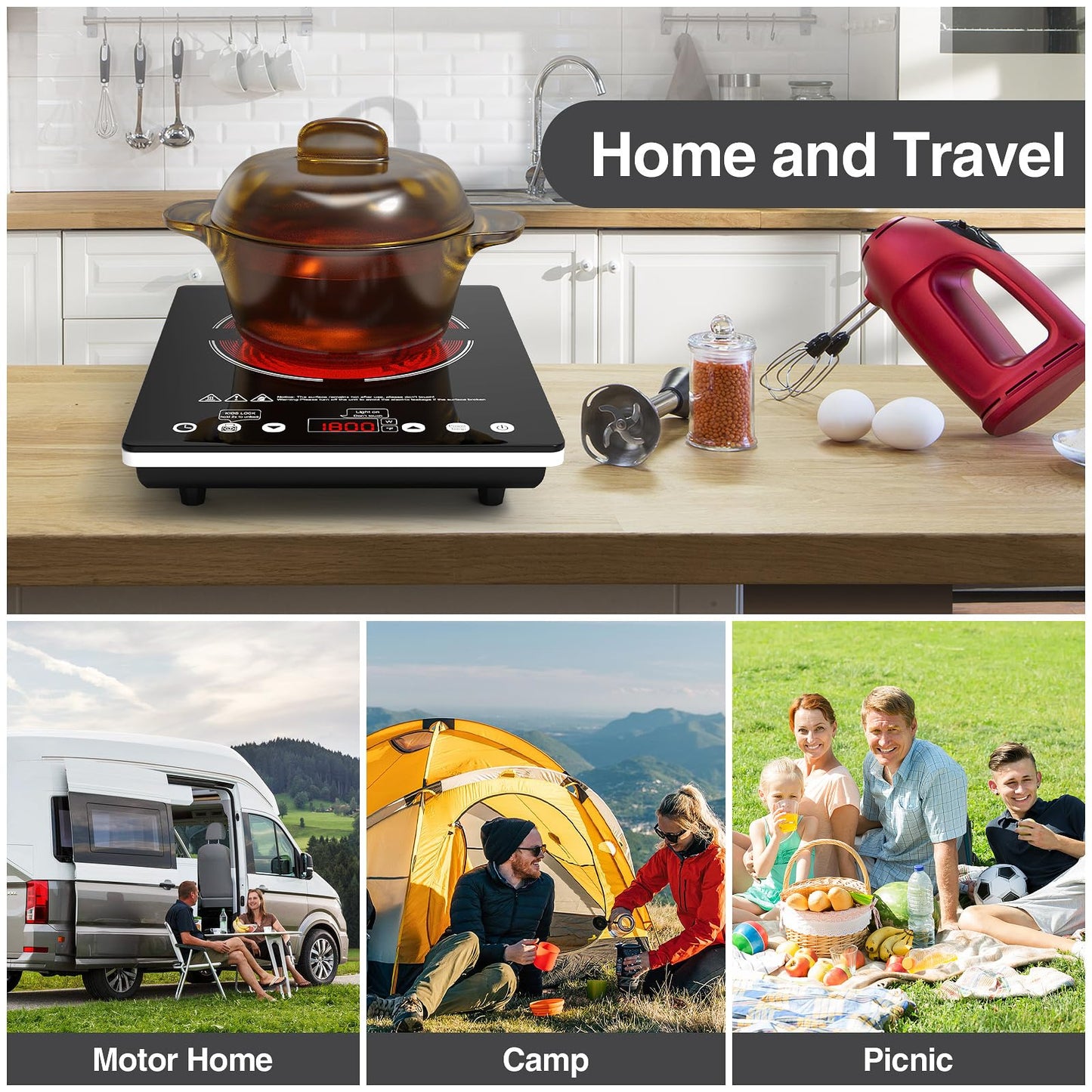 Electric Cooktop Single Burner Portable Stove 1800W 110v -120v Countertop Hot Plates Electric Plug in, Touch Control, Child Lock, 9 Power Levels Low Noise, 4 Hour-Timer Infrared Cooktop