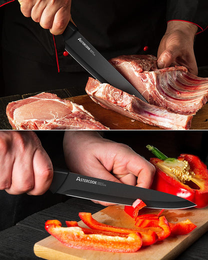 Astercook Knife Set, Kitchen Knife Set with Built-in Sharpener Block, Dishwasher Safe, 15 Pieces German Stainless Steel Knife Block Set, Black Mothers Day Gifts for Kitchen