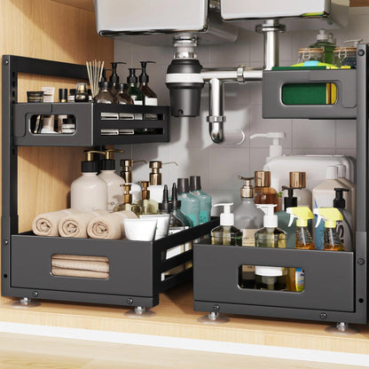 Biboraya 2 Pack Under Sink Organizer,Pull Out Cabinet Organizer with Smooth Cylindrical Rail,Metal Slide Out Drawer for Kitchen Bathroom Laundry Cabinet,8-Level Tool Free Height Adjustable-Black