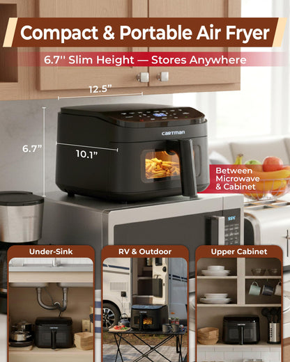 Cartman 4QT Compact Air Fryer, Ultra-Flat 6.7" Height Small Airfryer, Adjustable Airflow Design, Viewing Window, Up to 450℉, 7 Presets Touchscreen, Portable Air Fryer, Black