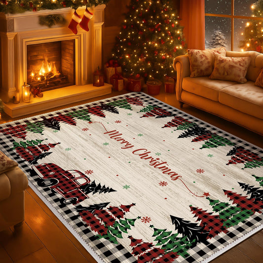 Hahafelt Watercolor Buffalo Plaid Merry Christmas Area Rug Winter Home Decor Washable Farmhouse Xmas Tree Washable Area Rugs for Kitchen Entryway Bedroom Living Room Indoor(5 x 7 Feet)