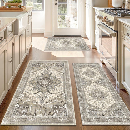 Yamaziot Boho Washable Kitchen Rugs Sets of 3, Non Slip Kitchen Mats for Floor with Rubber Backing, Waterproof & Stain Resistant Carpet Runner Throw Rug for Kitchen, Laundry Room, Hallway