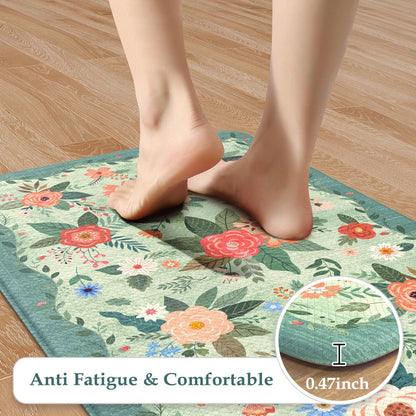 KIMODE Kitchen Mats for Floor Cushioned Anti Fatigue, Green Floral Kitchen Rugs Sets of 2, Boho Rugs for Kitchen Floor, Comfort Kitchen Floor Mats, Standing Desk Mat for Sink Laundry 20"x47"+20"x32"