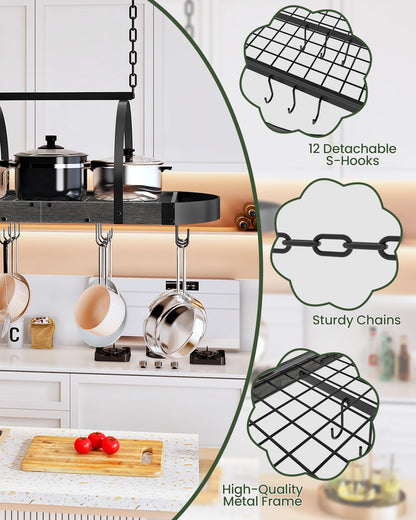 CHOEZON Hanging Pot Rack, Pot Hanger for Kitchen, Ceiling Mounted Pot Holder, Cookware Organizer with 12 S-Shaped Hooks, for Pot, Pan Storage, Space-Saving, Charcoal Black and Black TPR08BCC1