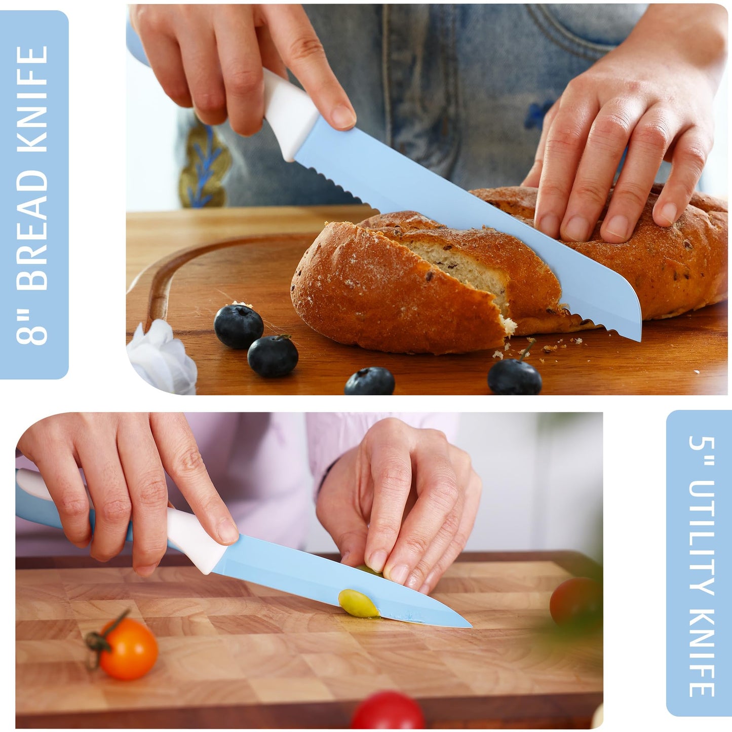 hecef 15 Pieces Kitchen Knife Set with Built-in Sharpening Wooden Block, Dishwasher Safe, High Carbon Stainless Steel Knife Block Set with Steak Knives, Kitchen Scissors, Blue