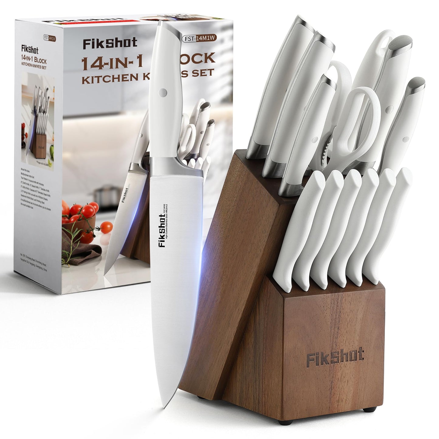 Fikshot 14-Piece Knife Set – German High Carbon Stainless Steel, Professional Chef Knives with Block & Sharpener, Elegant White, Dishwasher-Safe, Modern Kitchens, Rental Homes, Gift for Chefs