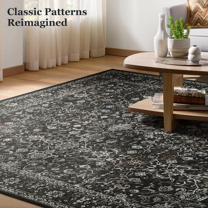 Jainmy Dark 5x7 Area Rugs for Living Room Bedroom, Washable Non Slip Low Pile Thin Soft Carpet Rugs for Dining Room/Kitchen/Home Office/Nursery, Vintage Farmhouse Earth Tone Midnight with Gray Accents
