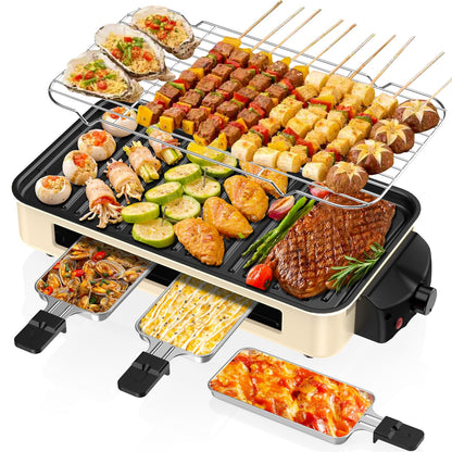 Electric Indoor Grill 1500W -2 in 1 Smokeless Indoor Grill for Kitchen with Non-stick Removable Grill & Griddle Plate,Temperature Control Korean BBQ Grill with 3 Cheese Pans Dishwasher Safe