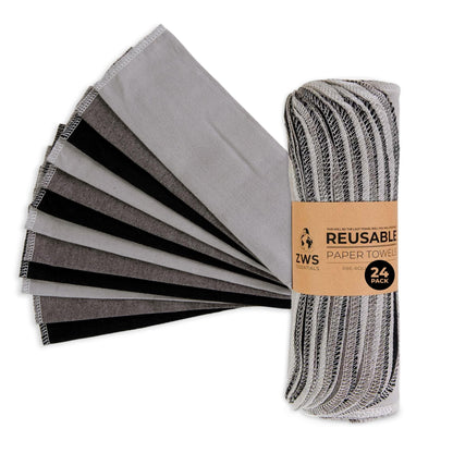 Zero Waste Reusable Paper Towels, Organic Cotton Flannel Wipes for Kitchen, Bathroom, Hand Drying, Pet Messes, and Counter Cleaning, Grey Tones, 24-Pack Gift Set