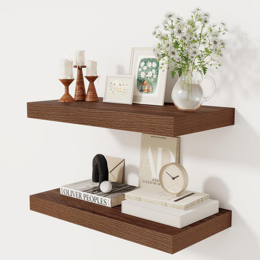 12 Inch Deep Floating Shelves, 24 x 12 Floating Shelf for Books, Rustic Wood Deep Wall Shelves for Home Storage & Display, 2" Thicked Shelves for Kitchen, Living Room, Bedroom, Walnut Color, 2 Pack