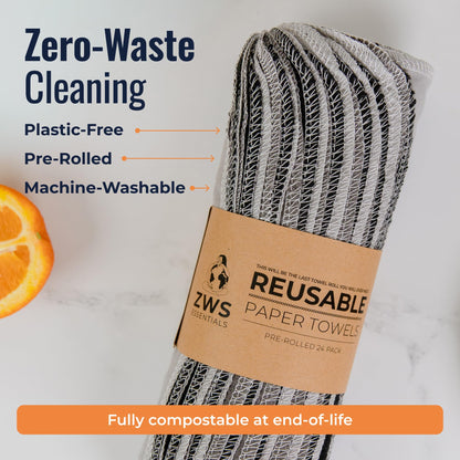 Zero Waste Reusable Paper Towels, Organic Cotton Flannel Wipes for Kitchen, Bathroom, Hand Drying, Pet Messes, and Counter Cleaning, Grey Tones, 24-Pack Gift Set