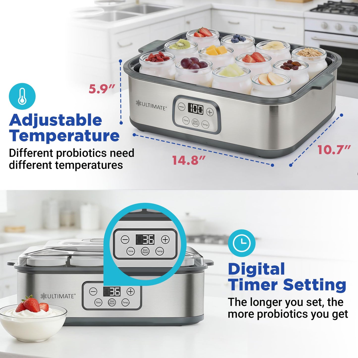 Ultimate Probiotic Yogurt Maker XL - Adjustable Time & Temperature Control - 50% More Capacity with 12 x 6oz Yogurt Jars - Make Trillions of Probiotics for Gut Health - ULTIMATE LIFETIME WARRANTY