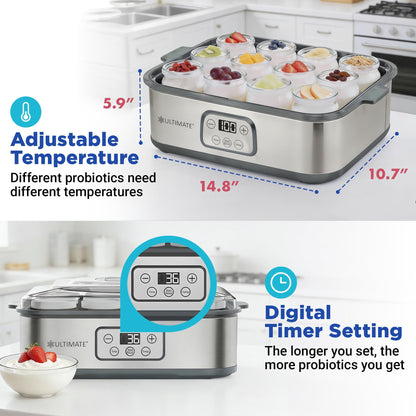 Ultimate Probiotic Yogurt Maker XL - Adjustable Time & Temperature Control - 50% More Capacity with 12 x 6oz Yogurt Jars - Make Trillions of Probiotics for Gut Health - ULTIMATE LIFETIME WARRANTY