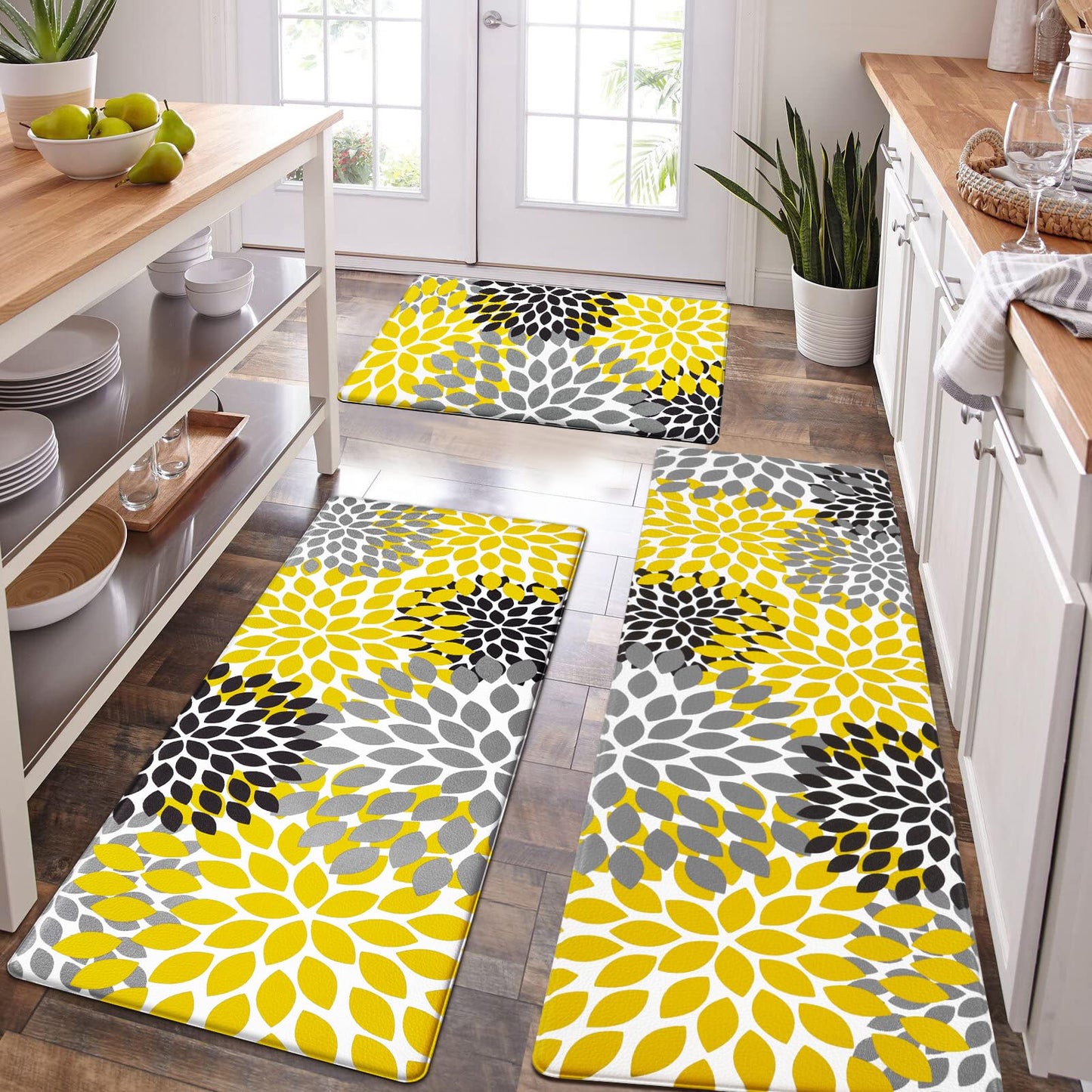 Likiyol Kitchen Mats for Floor [3 PCS] Anti-Fatigue Comfort Kitchen Rugs, Boho Flower Cushioned Waterproof Decor Mat Thick, Standing Floor Mats for Home/Office, 18''x30''+18''x48''+18''x60''(Yellow)