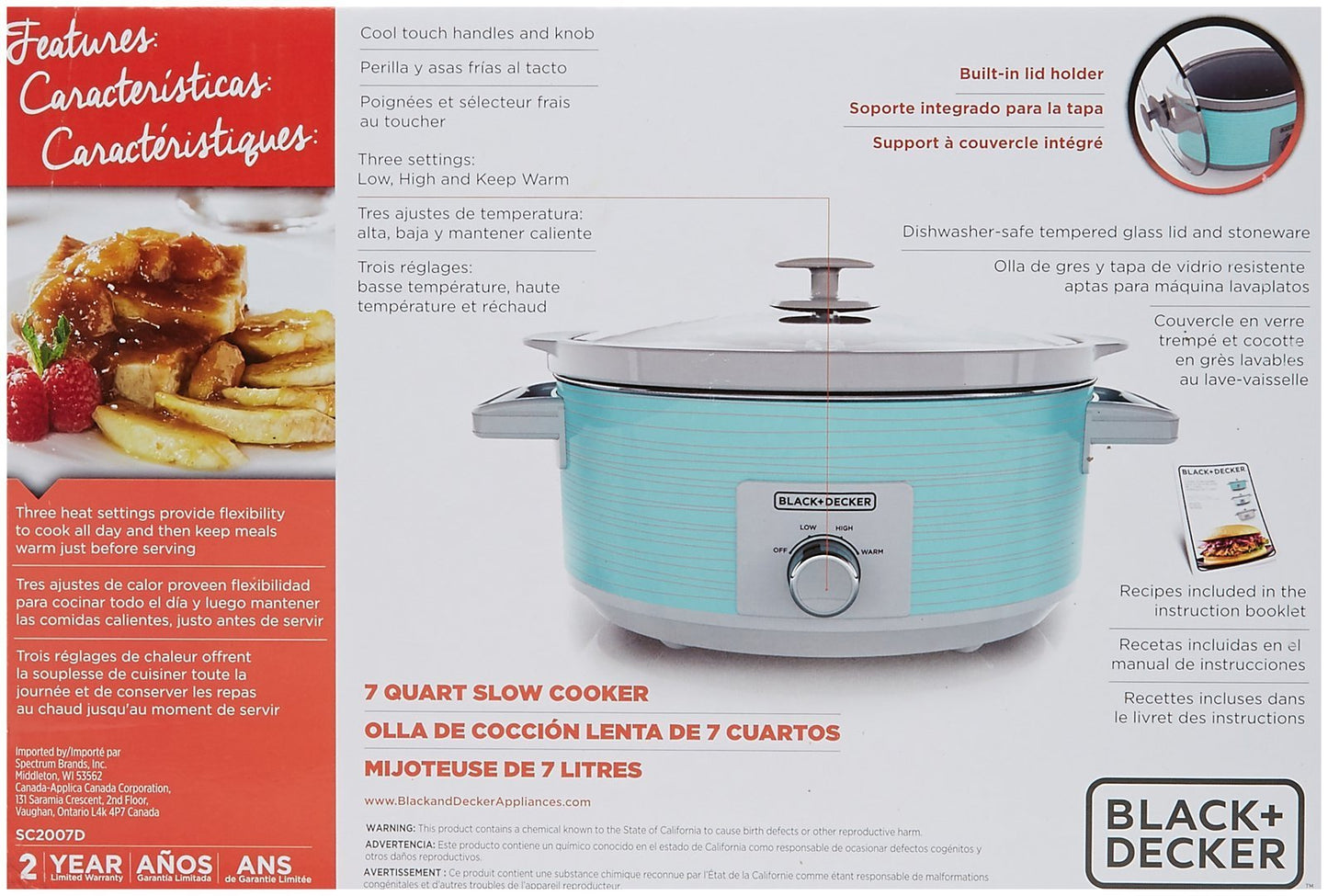 BLACK+DECKER 7-Quart Slow Cooker, SC2007D, Lid Holder, 3 Heat Settings, Extra Large Handles, Dishwasher Safe, Teal
