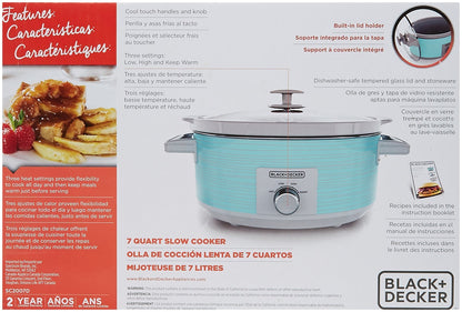 BLACK+DECKER 7-Quart Slow Cooker, SC2007D, Lid Holder, 3 Heat Settings, Extra Large Handles, Dishwasher Safe, Teal