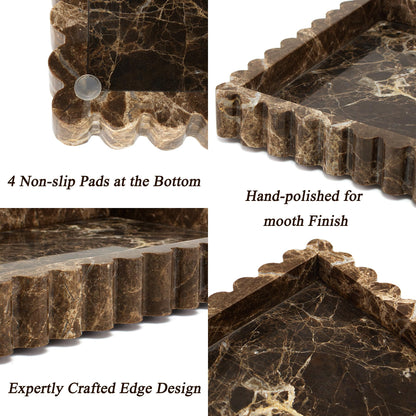 YMXYJM Natural Marble Tray for Bathroom, Real Stone Decorative Vanity Tray with Fluted Edge, Large Marble Serving Storage Tray for Kitchen Counter, Dresser, Home Decor, 11.8" x 8", Dark Brown