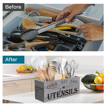 Suli Extra Large Kitchen Utensils Holder with 4 Compartments, Wooden Utensil Organizer for Kitchen Countertop, Farmhouse Decor, Rustic Cooking Utensil - Grey grain