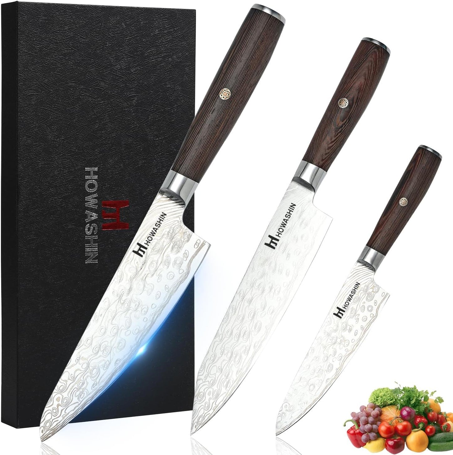 Howashin 3PCS Chef Knife Set, High Carbon Stainless Steel Kitchen Knife Set, Ultra Sharp Japanese Knife with Sheath,Ergonomic Rosewood Handle Elegant Gift Box for Home or Restaurant