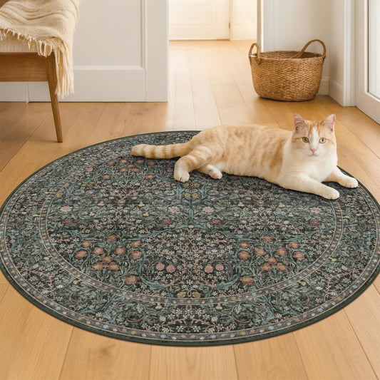 Washable Round Area Rug 4ft for Entryway, Bedroom, Kitchen, Home Office, Soft Round Living Room Rugs Ultra-Thin Non-Slip, Small Circle Carpet, Vintage Dark Green Floral Décor
