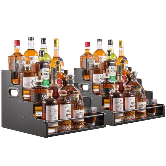YQBRAO 2 Pack 4-Tier Liquor Bottle Display Shelf, 16-Inch Wooden Bar Shelves for Liquor Bottles, Countertop Whiskey Shelf and Bourbon Shelf Organizer for Home Bar, Kitchen（Black）