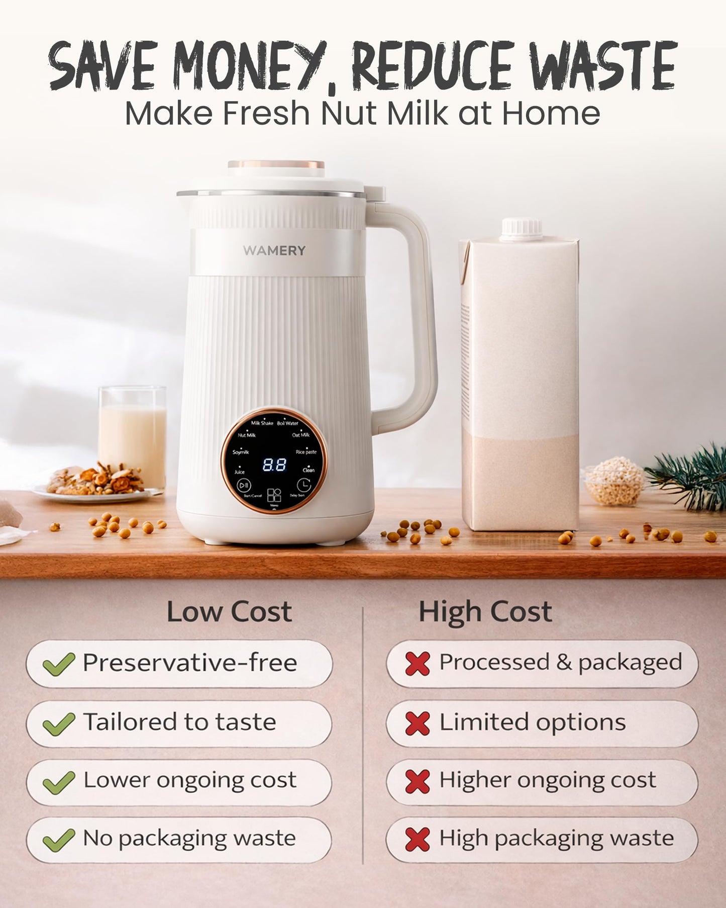Wamery 32oz Nut Milk Machine (Black) - Soy Milk Maker for Almond & Oat, Fruit Blender, Automatic Heated Programs, Self‑Cleaning, Delay Start, Keep Warm & Boil Water, 1‑Liter Capacity with Starter kit