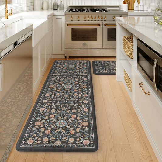 KIMODE Comfort Kitchen Floor Mats Cushioned Anti Fatigue,Boho Vintage Floral Kitchen Runner Rug 2 Piece Non Slip,Long Memory Foam Standing Carpet for Laundry Sink Home,Dark Gray
