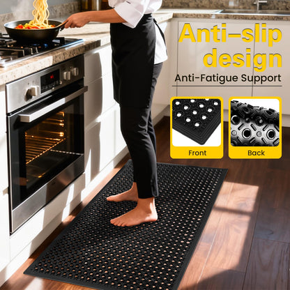 Rubber Door Mat with Holes, 36"x60" Rubber Floor Mat, Heavy Duty Floor Mats for Garage Floor Outdoor Restaurant Kitchen Bar (Black) (36"x60")